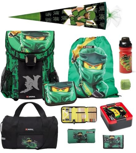 Familando Ninjago Schulranzen Set Jungen – Mit Sporttasche Dose Flasche Schultüte – Ergonomisch Stabil 790g leicht 16L Volumen – Brustgurt Reflektoren Regenschutz – Komplettset 1. Klasse Grundschule
