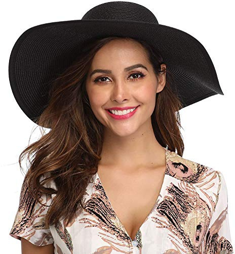 DRESHOW Femme Capeline Chapeau de Paille à Large Bord Casquettes Anti-Soleil Respirant Anti UV Chapeau de Paille Plage de Soleil UPF 50+