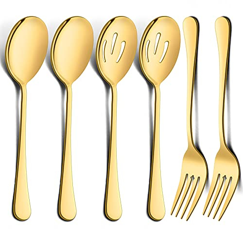 LIANYU 6 Pack Large Gold Serving Spoons and Forks Set, 9.8 Inch Stainless Steel Buffet Catering Party Banquet Serving Spoon Fork, Mirror Finished, Dishwasher Safe