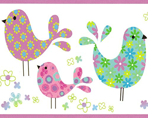 Dundee Deco BRAZBD6389 Tapetenbordüre für Kinder, Violett, Blau, Grün, rosa Vögel, Blumen, Wandbordüre, Retro-Design, 4,57 m x 15,24 cm