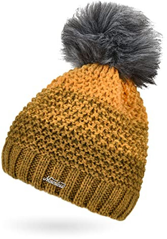 Neverless® Damen Strick-Mütze gefüttert Fleece Fell-Bommel Kunstfell Winter-Mütze Bommelmütze Grobstrick Mehrfarbig dunkelgelb-gelb Unisize