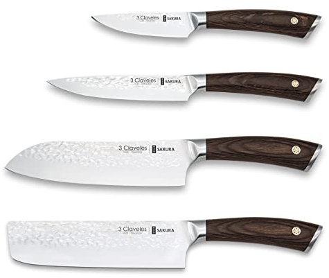3 Claveles - Juego de 4 Cuchillos Forjados Profesionales con Mango de Pakka (4X Sakura)