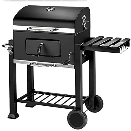 Grill, grillvagn XXL, kolgrill med lock, hjul, handtag i rostfritt stål, grillgaller och termometer, kolgrill, stor kolgrill, grill, camping, terrass, trädgård (107 x 115 x 68 cm)