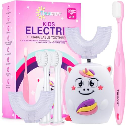Tueocity Kids Electric Toothbrush U Shaped Chewable Silicone Toddler Electric Tooth Brush for 2 Years +, Rechargeable Kids Toothbrushes 3-5 4 7 6-8 6-12 Years Old for Children Boys and Girls (Pink)