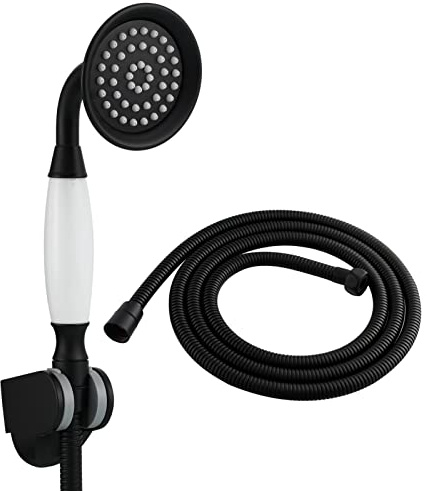 Tecmolog Messing Handbrause Set Schwarz Duschkopf Nostalgie mit Schlauch und Halterung, BS126BF