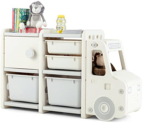 GOPLUS Estanteria Infantil de Juguetes y Libros en forma de camión para niños, Mueble de almacenamiento de HDPE, Organizador de juguetes para Dormitorio Salón Guardería, 110 x 32 x 66 cm (Beige)