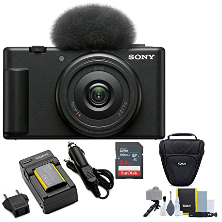 Sony ZV-1F Vlog Camera for Content Creators and Vloggers (Black) Bundle | 64GB Memory Card, Lithium-Ion Battery Pack, Holster Case, Photo Video Art Suite, (5 items)