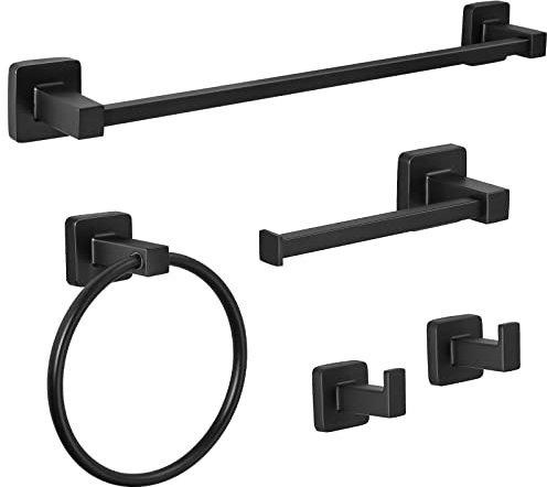JiGiU 5-Piece Matte Black Bathroom Hardware Set 304 Stainless Steel Towel Rail Set with Wall Mounted 42cm Towel Bar, Toilet Paper Holder, Towel Ring & 2 Robe Hooks Rustproof for Bathroom Kitchen