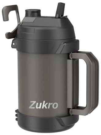 Zukro Sport-Wasserkrug, 0.9 Liter Fitness-Wasserflasche mit Strohhalmdeckel, großer isolierter Edelstahl-Wasserkrug mit Griff, 3.2 l breiter Öffnung, Camping, Reisen – Kohle