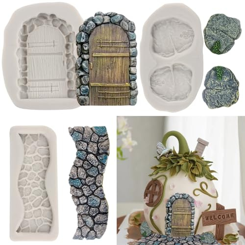 MYPRACS Fairy Gnome Garden Stone Texture Door Stone Path Silicone Chocolate Fondant Moulds for Crafting Polymer Clay Cake Decorating Cupcake Topper Set of 3