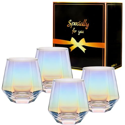 Gutsdoor Stemless Wine Glasses Set of 4, 10 OZ Diamond Shaped Wine Glasses, Iridescent Glassware Engagement Wedding Gifts