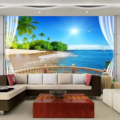 KoKoty Fotomurale Carta da parati balcone finestra vista mare spiaggia-208 x 146 cm-XXL Poster Gigante Fotomurale Soggiorno Tv Divano Sfondo Muro Decorazioni Per La Casa Murales