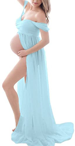 Dam Off Shoulder Chiffongklänning delad framsida maxi graviditetsklänningar moderskapsklänning för fotografering för fotografering