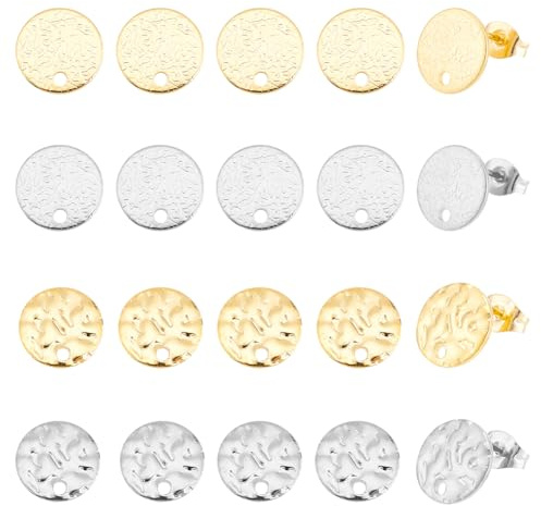 UNICRAFTALE 40 st 2 färger, 2 stilar, 10 mm rostfritt stål, stiftörhängen, platt rund texturerad öronstud med örhängesbakstycke, metallörhänge för gör-det-själv-örhängen, smyckestillverkning