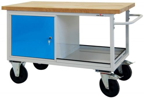 Steinbock Werkbank 1 Tür + Boden | 130x82,7x60 cm | Mobil | 500 kg | Blau | 500 kg Tragkraft | 4 cm geölte Massivholz-Arbeitsplatte aus Buche | stabiles Stahlgestell | Werktisch | Made in EU
