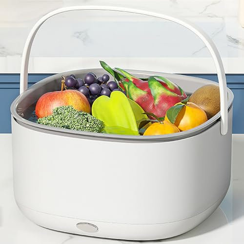 Portable Fruit and Vegetable Cleaning Machine, Ultrasonic Fruit Washing Unit, Dual Drain Electric Wash Basket Ingredient Purifier for Camping Picnic Food Washing, Battery powered, 9 * 9 * 5.1 Inch