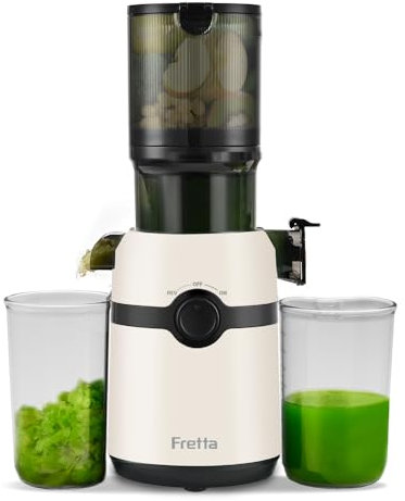 Fretta Extractor de Zumos y Verduras, Apertura de 108MM y Capacidad de 1L, Licuadora Prensado en Frio para Frutas Enteras, 200W Slow Juicer Machine, Montaje y Limpieza Rápidos, Sin BPA(Blanco, 1L)