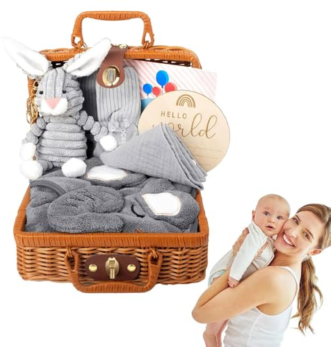 ZOYDP 7-i-1 presentkorg för nyfödda, baby presentset, baby gåva pojke, baby gåva födsel med triangulära handduk, plyschdjur, badhandduk, strumpor, födelsekort, gratulationskort, presenter till födseln