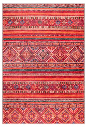 NETLINE HOME Washable Area Rugs for Living Room Traditional Flatweave Rug Non Slip Kitchen Rug - Decorative Floor Mats Low Pile Vintage Rugs Boho Design Foldable Hallway Carpets for Bedroom - Red
