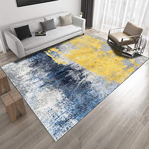 forestalk Teppich, Wohnzimmerteppich, schlicht, abstrakt, blau, gelb, grau, Ölgemälde, rutschfest, XXL, extra groß, mittelgroß, Heimdekoration, Bodenteppich