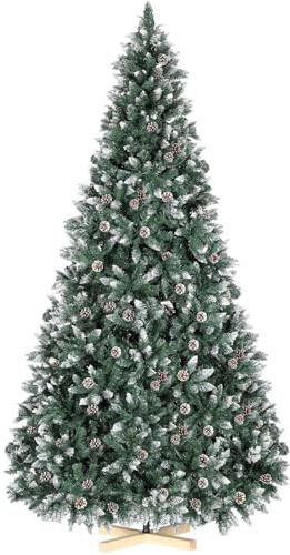 Clevich Künstlicher Weihnachtsbaum 210cm mit Schnee-Effekt, Nordmanntanne Premium, Tannenbaum Künstlich mit Schnee & 39 Tannenzapfen & 1584 Spitzen, Schnellklappsystem, inkl. Christbaum Holzständer