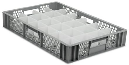 Caterbox Glass Wash & Store Crate, Ventilated, 600x400x285mm, Grey with 24 Compartment Divider for Wine Glasses, Tumblers – Conveyor Washing Solution (Glass Height 0 - 70mm)