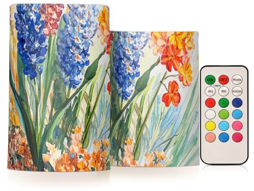 famyily Hyacinths Orchid Butterflies Bees Flameless Candles Led Pillar Candles with Batteries for Outdoor 4 5 Set of 2