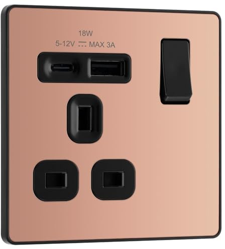 BG Electrical 18W Single Switched Power Plug Wall Socket with Type A USB and Type C USB Charging Ports, Fast Charge, Screwless Front Plate, Evolve, Polished Copper, 13A, PCDCP21UAC18B