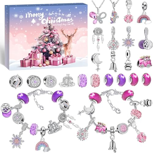 Advent Calendar 2025 with 24 Jewellery Pieces (Bracelets & Necklaces) - DIY Craft Set for Girls 6-13 Years - Gift Calendar with Surprise Filling (Pink)