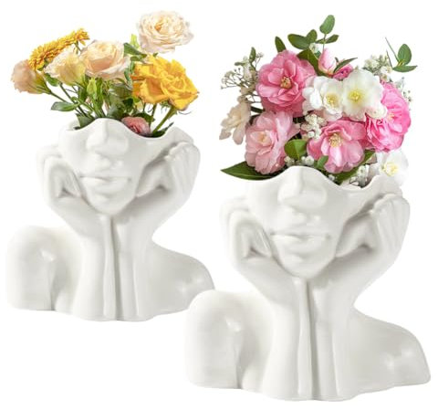 Body Art Face - Set di 2 vasi decorativi in ceramica per erba della pampa grande e piccolo vaso per fiori – Vaso per corpo e decorazione da tavolo – unico set di vasi bianchi con design a testa