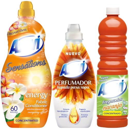 3 Piece Orange Household Spanish Cleaning Bundle Giftset – Scent Booster 720ml, Orange Floor Cleaner 1L & Energy Sensations Fabric Softener 60 Washes – Long-Lasting Freshness & Shine