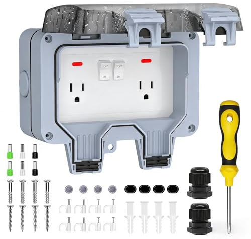 Double Outdoor Outlet with Box Waterproof IP66 Outdoor Electrical Receptacle, Outdoor Power Outlet with Cover,Switch Indicator, Exterior Wall Electrical Box for Garden,Yards,Swimming Pool(Gray)