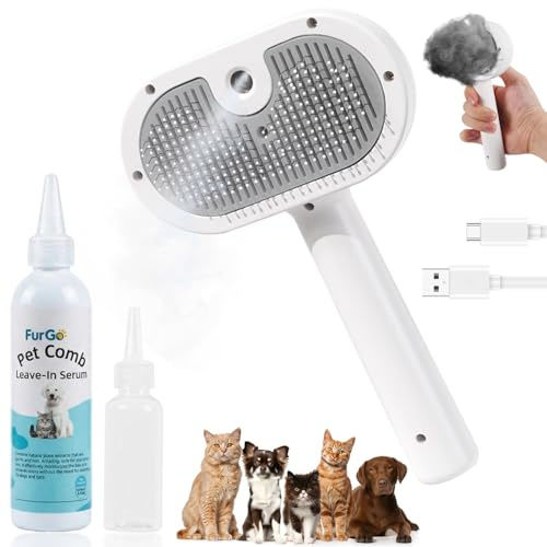 Pet Steam Brush & Coat Grooming Liquid Bundle for Cats & Dogs, Rechargeable Self‑Cleaning Spray Comb with Water Tank, Steam Grooming Brush for Long & Short Hair, Helps Remove Loose Fur & Flyaway Hair
