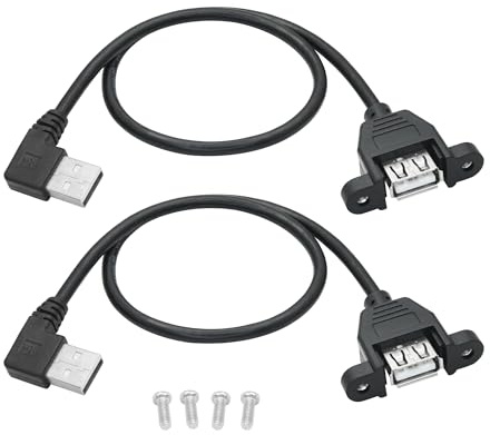 Riertostng 2 Pcs 90 Degree USB A Panel Mount Extension Cable 1FT, USB 2.0 Type A Male to Type A Female, 5V 2A Supports Charging and Data Transmission, with Screws,for USB Equipment (Left Angle)