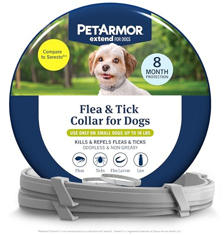PetArmor Extend Dog Flea and Tick Treatment & Prevention Collar for Small Dogs up to 18 lbs., 8 Months of Protection, Odorless & Non-Greasy, Waterproof, Kills Fleas, Ticks, and Larvae, 2 Count