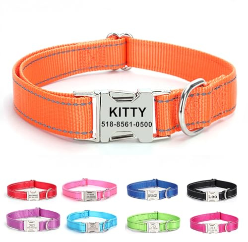 Personalisierter Hundehalsband mit gravierter Metallschnalle, Orange | Individuell gravierter Name reflektierende Nähte, langlebiges Nylon‑Material, verstellbar für alle Hundegrößen