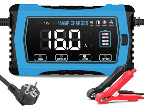 Haisito Cargador de batería de 16 A para coche, 12 V, 16 A, 24 V, 10 A, batería de litio LiFePO4, cargador de batería de plomo ácido (AGM, SLA, etc.) con función de carga de 10 niveles, pantalla LCD