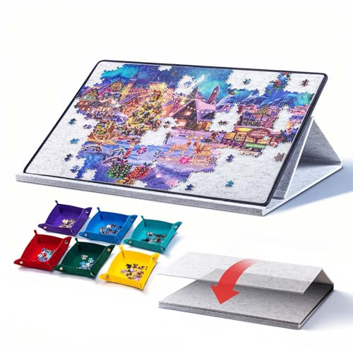 Jigpal 1000-teiliges tragbares Puzzlebrett, inklusive 6 farbcodierten Sortierfächern, kippbarem Puzzlebrett, 2-in-1-Ständerabdeckung, Leichter, winkelverstellbarer Filz-Puzzlematte – Hellgrau
