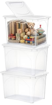 MA MAISON Set 3PZ Contenitore in Plastica Resistente - Trasparente, con Coperchio Bianco, per Vestiti, Portaoggetti, Adatto per Armadi, Garage, Organizer, con Maniglia, Ruote -