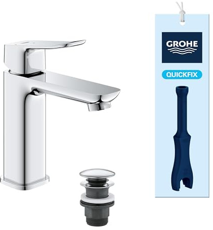 GROHE Dice, energiesparende Waschtischarmatur, Kaltwasser in Mittelstellung (3,5l/min, Wasserhahn für das Bad, 17cm hoch, Push-Open Ablauf, inkl. 3in1 Tool, einfache Installation), chrom, 1018350000