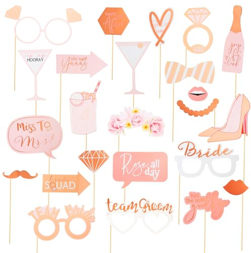 25 Piezas Accesorios Photocall para Boda,Atrezzo Fotomatón para Novios E Invitados,Accesorios Despedida De Soltera Oro Rosa,para Fotos De Bodas Fiestas Decoración