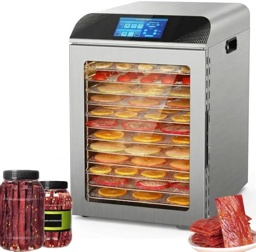 Deshidratador de alimentos 800W control inteligente pantalla LED,12 bandejas de acero inoxidable,temporizador 0.5-24 horas,4 programas preestablecidos para cecina casera,hierbas,frutas,verduras