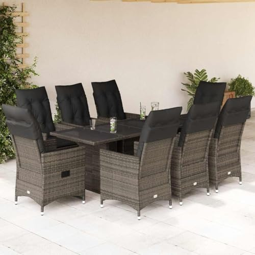 KKHOMEI Gartenmöbel Set 8 Verstellbare Hochlehner Stühlen mit Tisch Rattan Essgruppe 8 Personen Garten Sitzgruppe Terrassenmöbel Außen mit Auflagen Sitzgarnitur Grau-59