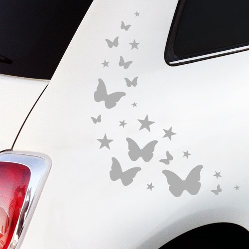 WANDKINGS Autoaufkleber Schmetterlinge mit Sternchen Sticker Set - 23 Aufkleber auf DIN A4 Bogen, Silber - erhältlich in 27 Farben