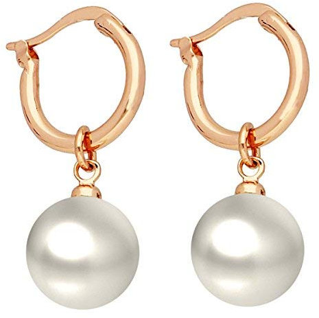 MYA art Damen Creolen Perlenohrringe Ohrhänger Ohrringe mit hängenden Perlen Perle Anhänger Edelstahl Rosegold Vergoldet Rose Gold Weiß MYARGOHR-11