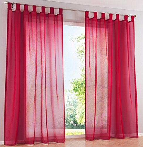 SIMPVALE 2 Stücks Voile Vorhänge zu Gürtelschlaufe transparent Vorhänge Fenster Balkon aus Tüll Breite 140cm, Polyester, Rot, Höhe 175cm