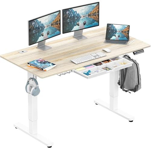 SHW 55 x 28 Inches Electric Height Adjustable Standing Desk with Drawer and Memory Preset, Maple