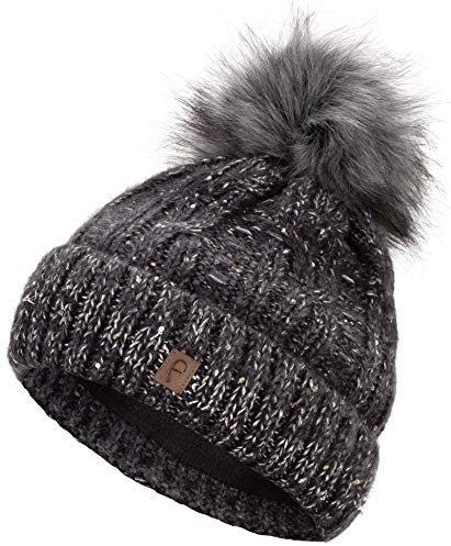 Faera Wintermütze Mütze Damen gefüttert mit Pailletten Bommelmütze Fleecefutter Winter Strickmütze Beanie-Mütze