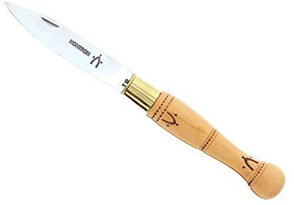 Nontron 87308 Couteau lame acier inox T12, manche 10,5 cm boule en bois buis pyrogravé