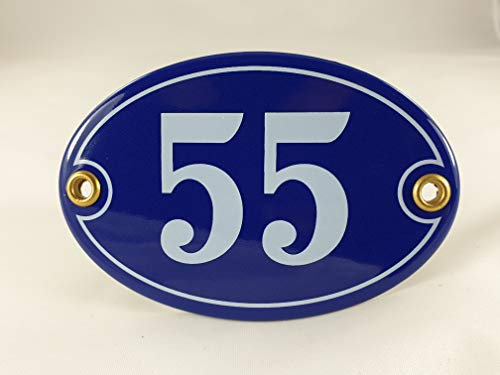 Emaille Hausnummer Schild Nr. 55, oval, Blau-Weiß mit Schrauben und Dübel Handarbeit
